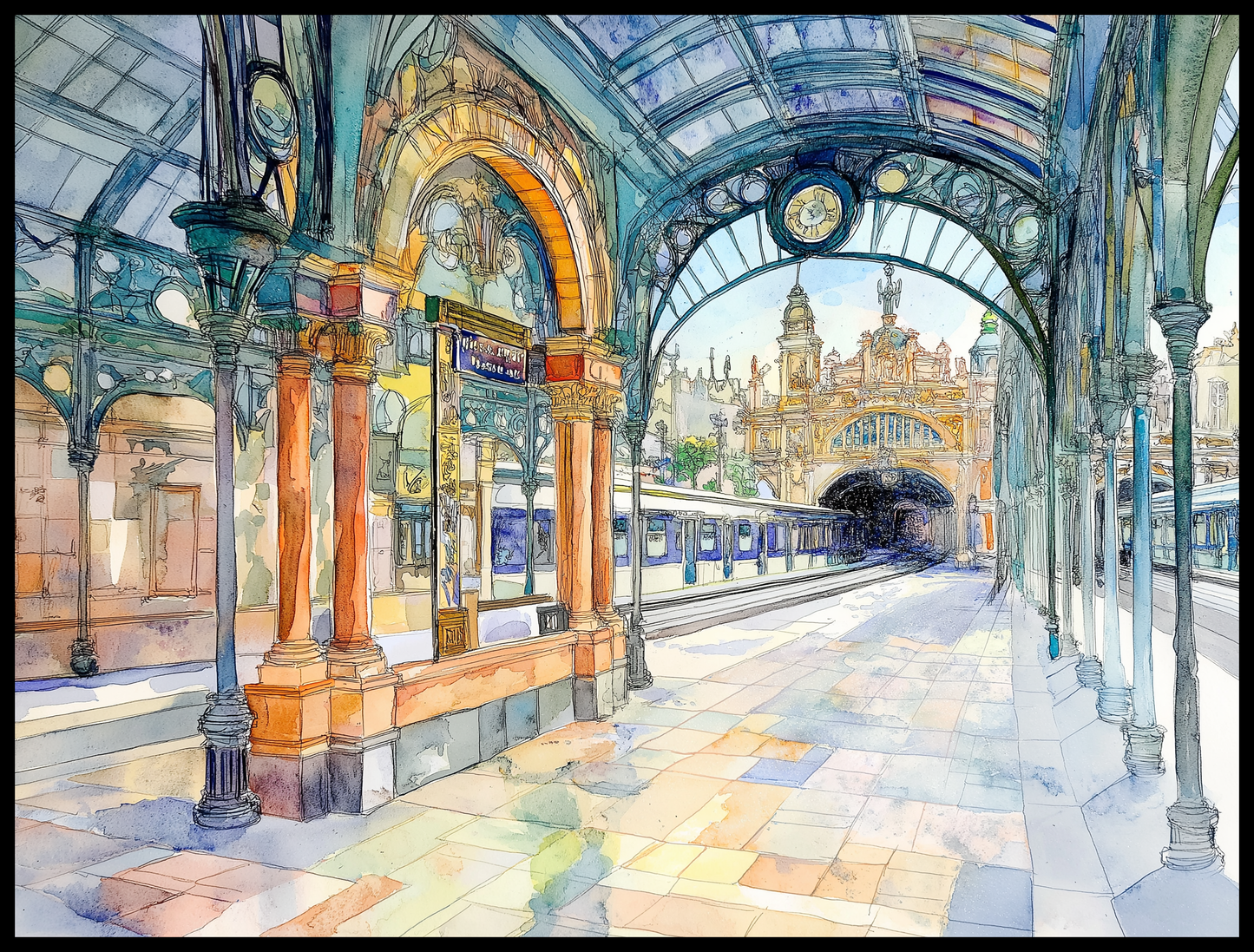 This artwork showcases the elegant interior of Valencia's North Station, focusing on its stunning stained glass arches. The warm sunlight streams through the intricate glass designs, casting radiant colors onto the polished tiled floor. The grand arches and soft light create a harmonious and inviting atmosphere.