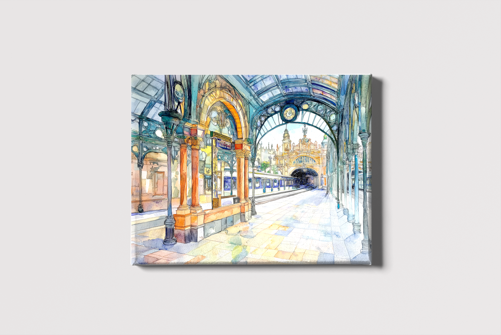 This artwork showcases the elegant interior of Valencia's North Station, focusing on its stunning stained glass arches. The warm sunlight streams through the intricate glass designs, casting radiant colors onto the polished tiled floor. The grand arches and soft light create a harmonious and inviting atmosphere.