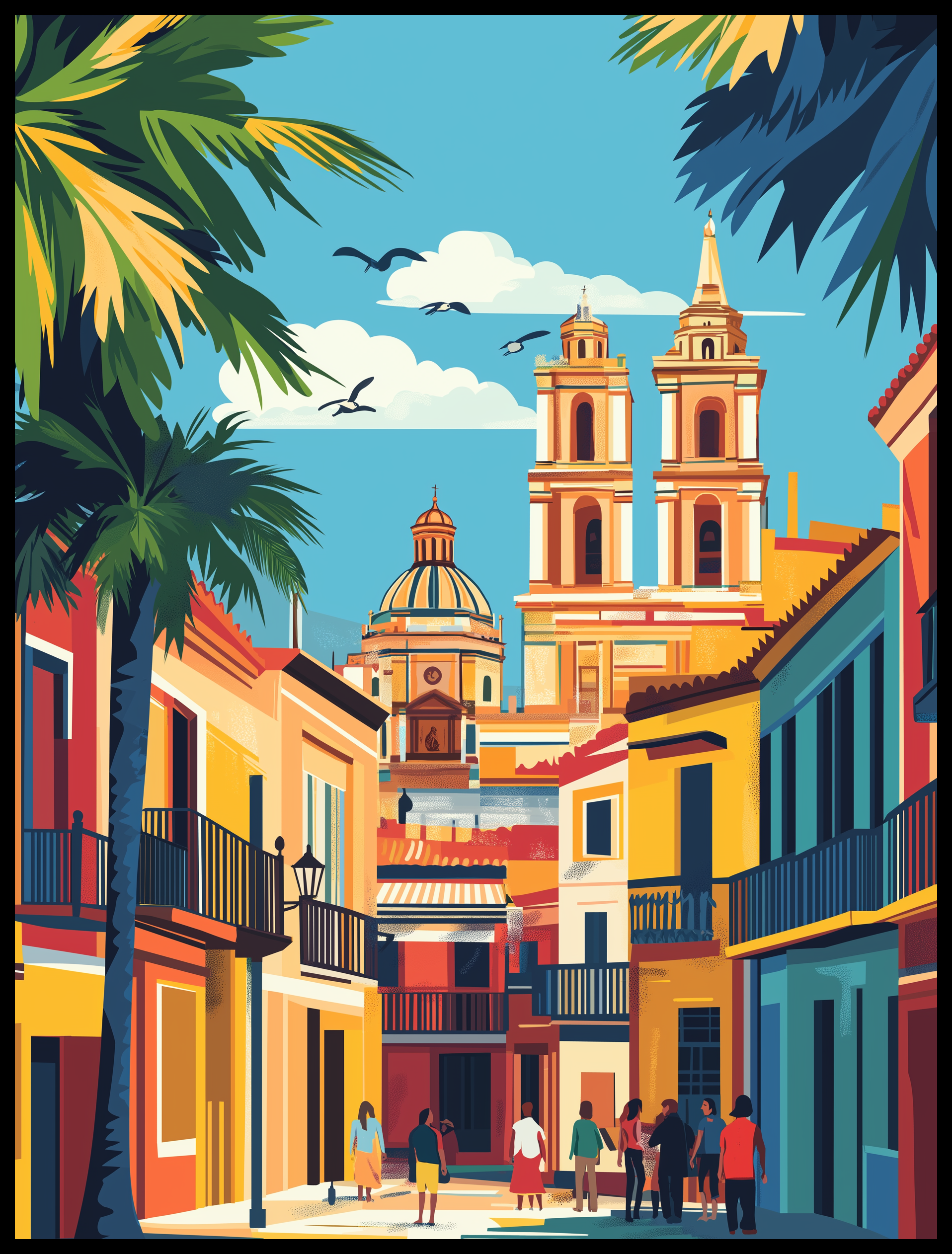 This captivating illustration depicts the vibrant streets of Valencia, Spain, with its iconic dome structures and colorful building facades. The scene is bathed in sunlight, framed by lush green palm trees and a bright blue sky dotted with fluffy white clouds. Groups of people add life and movement to the picturesque urban setting, making it a warm and inviting representation of Valencia's charm.