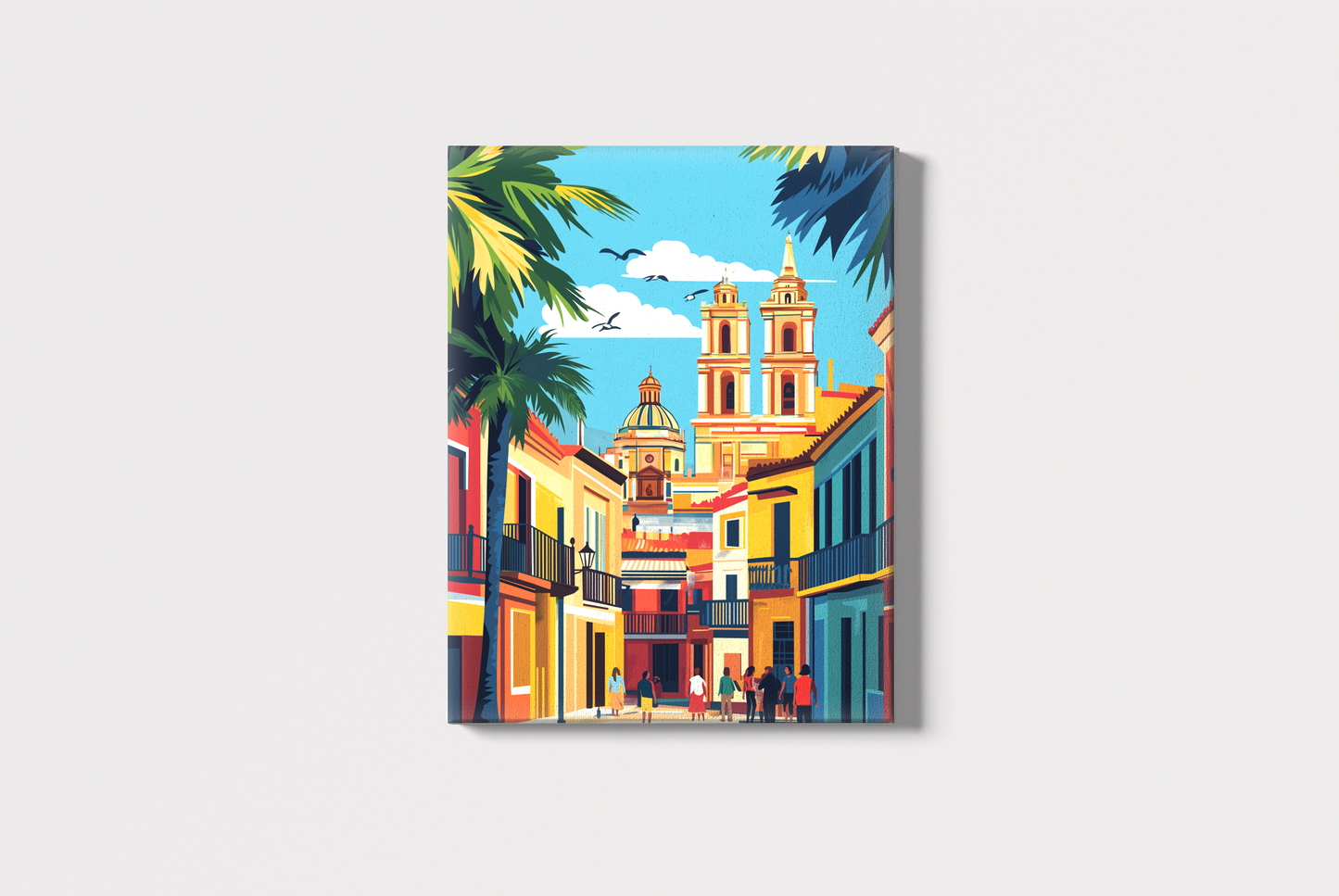 This captivating illustration depicts the vibrant streets of Valencia, Spain, with its iconic dome structures and colorful building facades. The scene is bathed in sunlight, framed by lush green palm trees and a bright blue sky dotted with fluffy white clouds. Groups of people add life and movement to the picturesque urban setting, making it a warm and inviting representation of Valencia's charm.