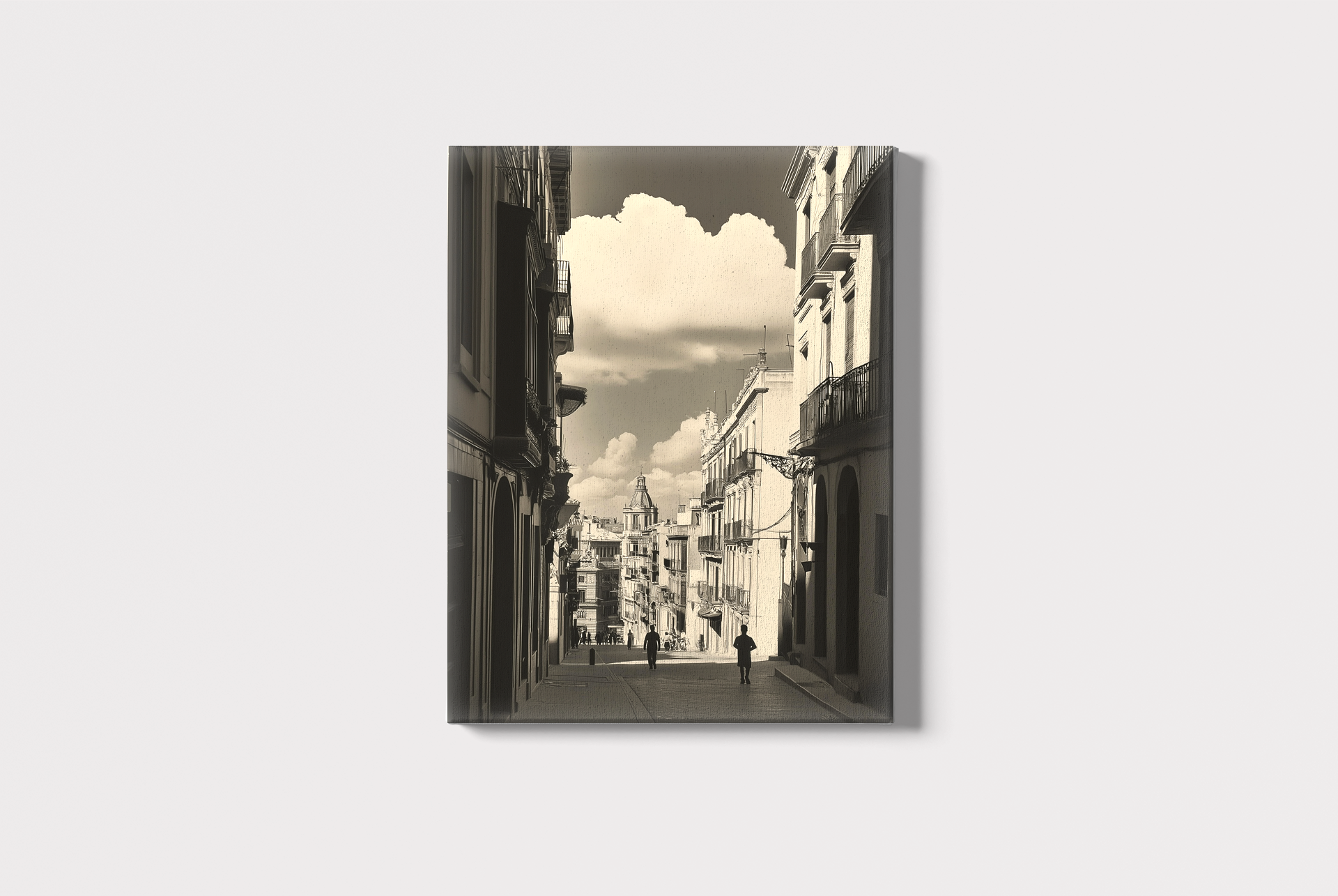 A black-and-white photograph of a street in Valencia, capturing rows of elegant balconies on both sides, a person walking in the foreground, and a beautiful view of historic architecture in the distance under a dramatic sky filled with clouds.