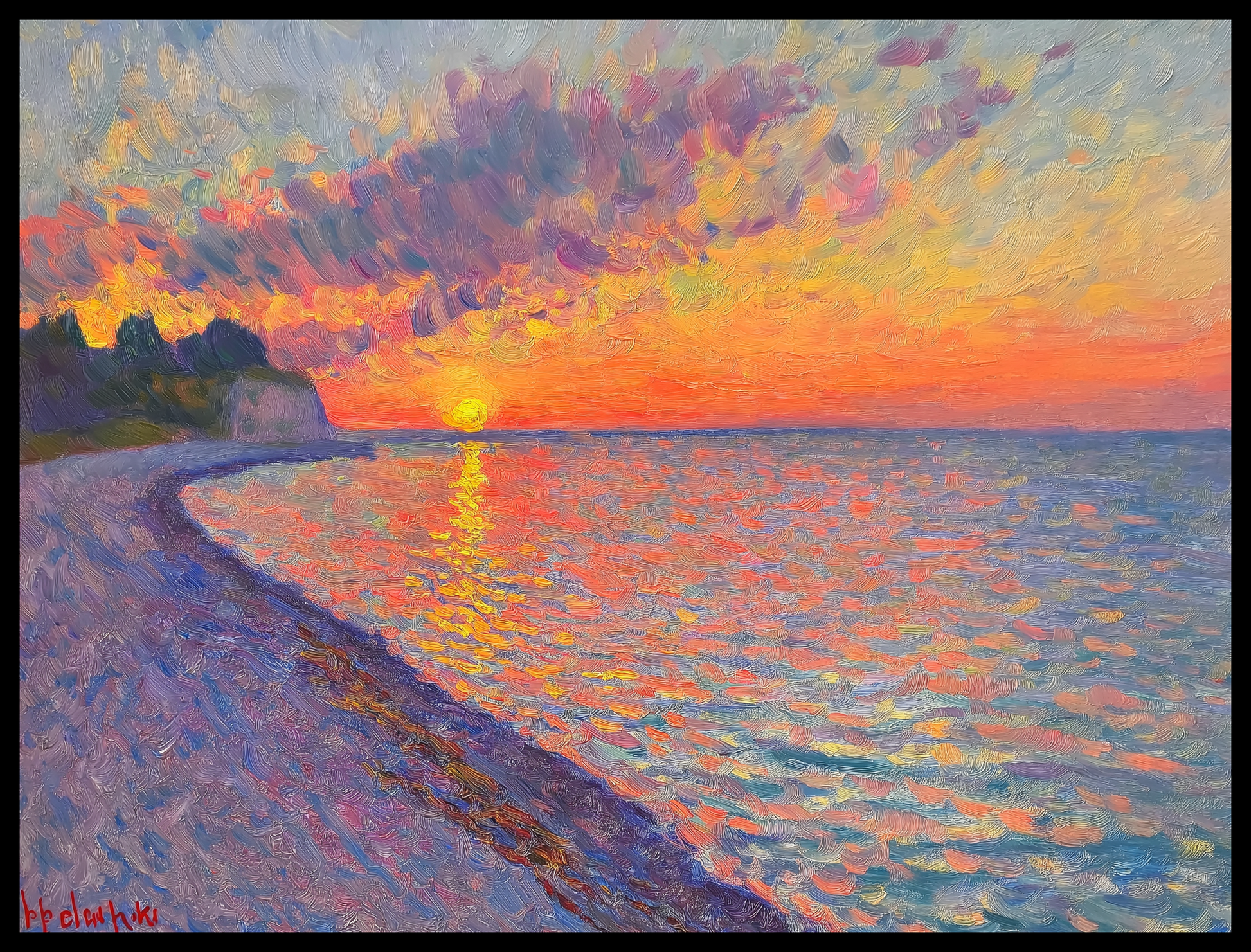 An oil painting captures a serene beach during sunset. The sky is filled with radiant hues of orange, pink, and purple, while the calm ocean mirrors the brilliant colors. A peaceful shoreline curves gently into the distance, creating a tranquil and picturesque scene.