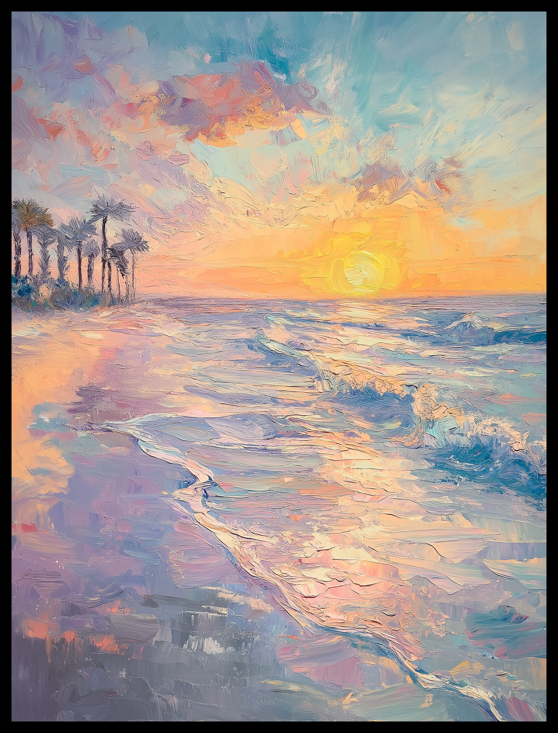 An oil painting captures the beauty of a sunset on a quiet beach. The sky is painted in soft shades of pink, orange, and blue, reflecting delicately on the wet sand. Gentle waves roll onto the shore, and a line of palm trees adds depth to the peaceful coastal scene.