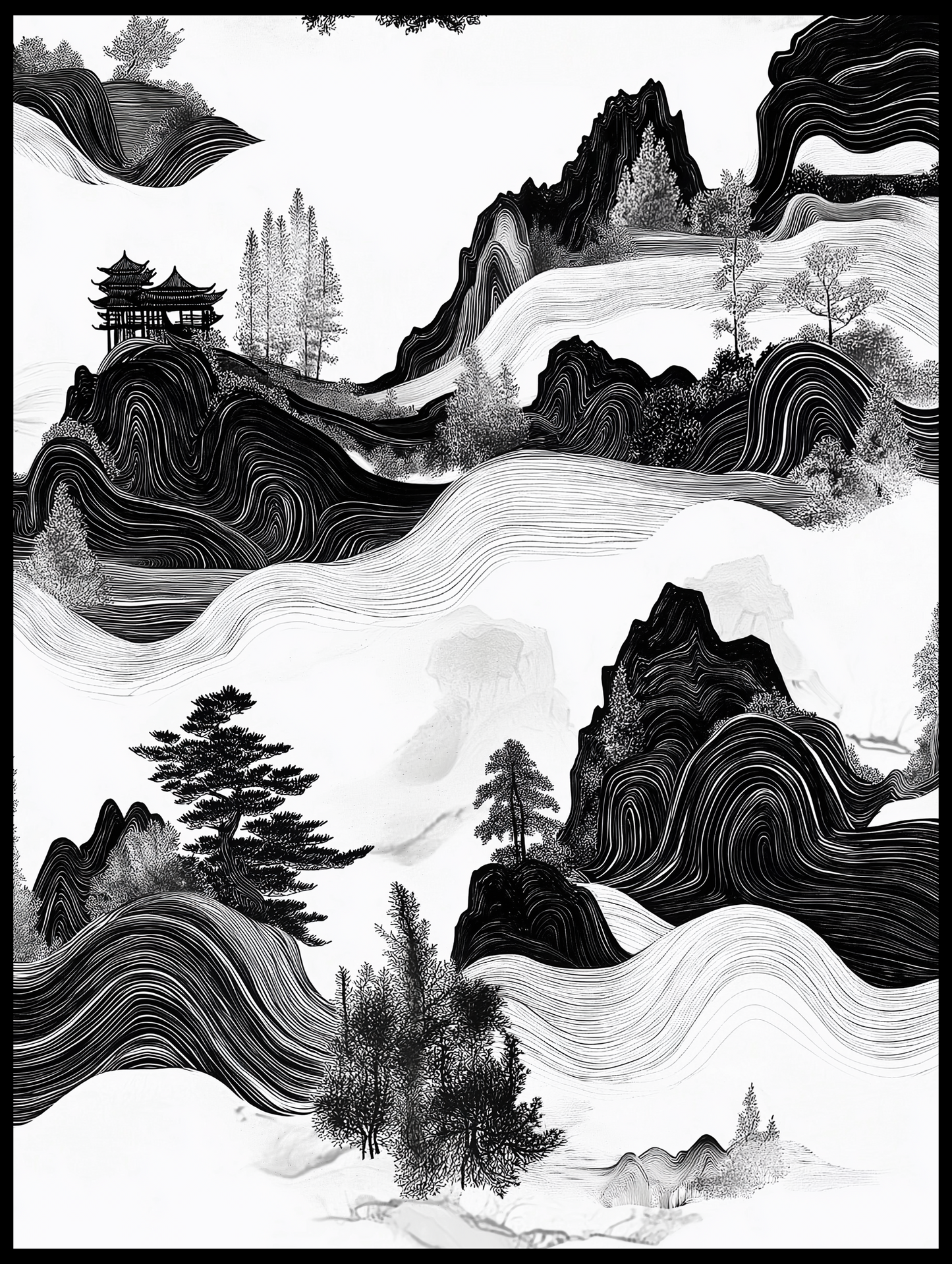 A stunning black-and-white abstract landscape art of layered mountains, flowing line art, and delicate textures. The piece blends traditional Asian art with modern abstract wall art, making it perfect modern wall art for living room.