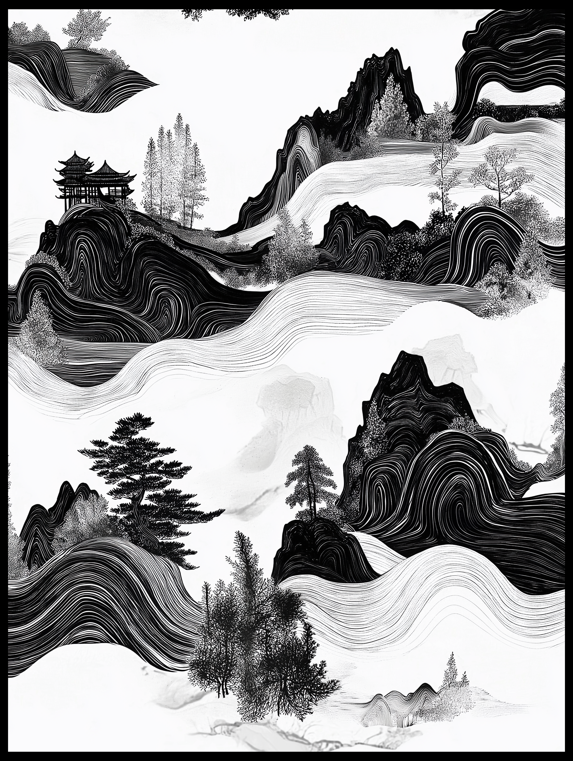 A stunning black-and-white abstract landscape art of layered mountains, flowing line art, and delicate textures. The piece blends traditional Asian art with modern abstract wall art, making it perfect modern wall art for living room.