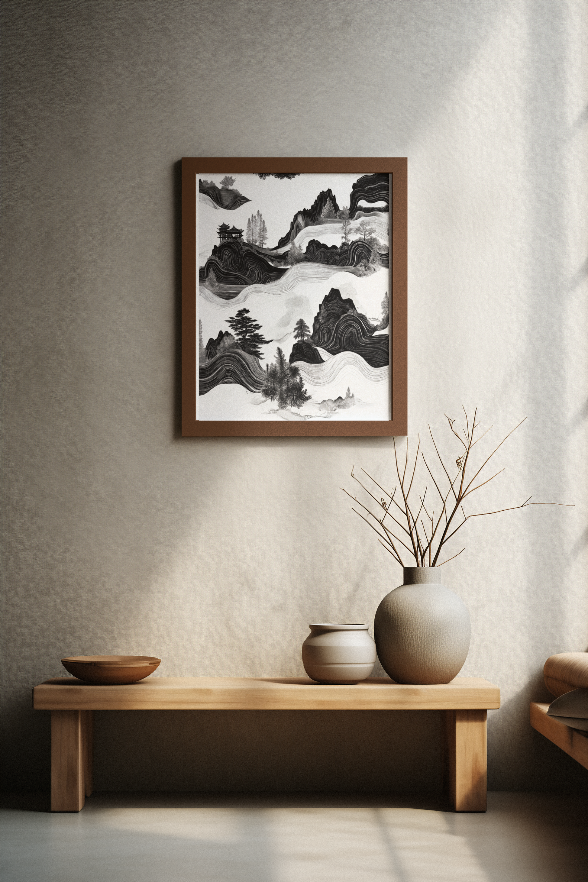 A stunning black-and-white abstract landscape art of layered mountains, flowing line art, and delicate textures. The piece blends traditional Asian art with modern abstract wall art, making it perfect modern wall art for living room.