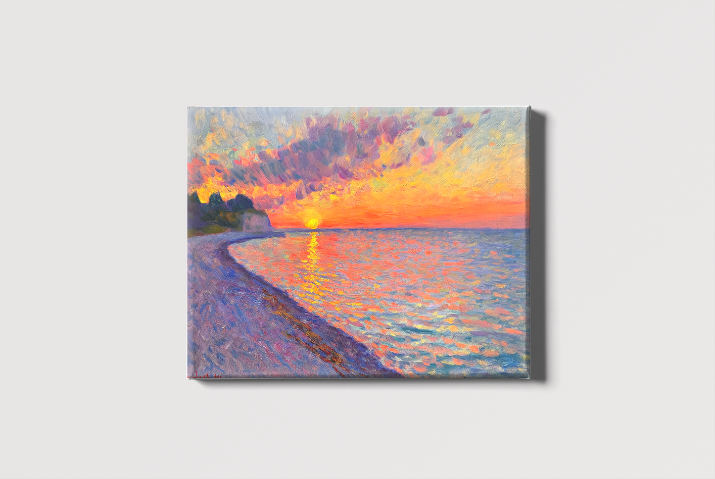 An oil painting captures a serene beach during sunset. The sky is filled with radiant hues of orange, pink, and purple, while the calm ocean mirrors the brilliant colors. A peaceful shoreline curves gently into the distance, creating a tranquil and picturesque scene.