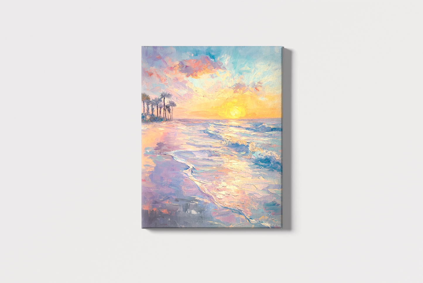 An oil painting captures the beauty of a sunset on a quiet beach. The sky is painted in soft shades of pink, orange, and blue, reflecting delicately on the wet sand. Gentle waves roll onto the shore, and a line of palm trees adds depth to the peaceful coastal scene.